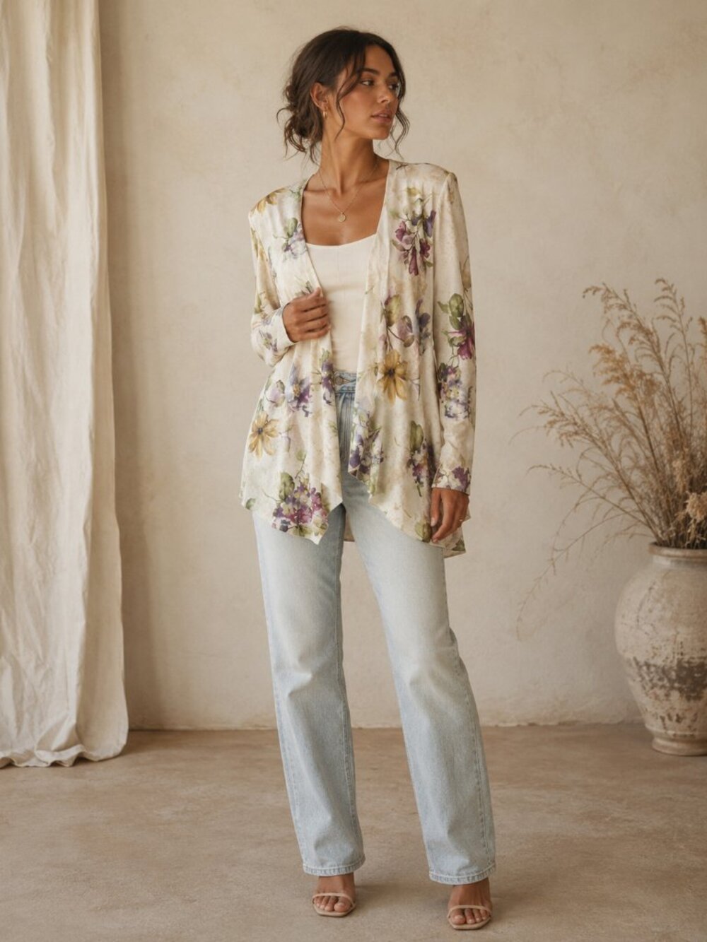 Floral Sheer Kimono Duster Shoulder PadsUSA One Size Lightweight Vacation Ready